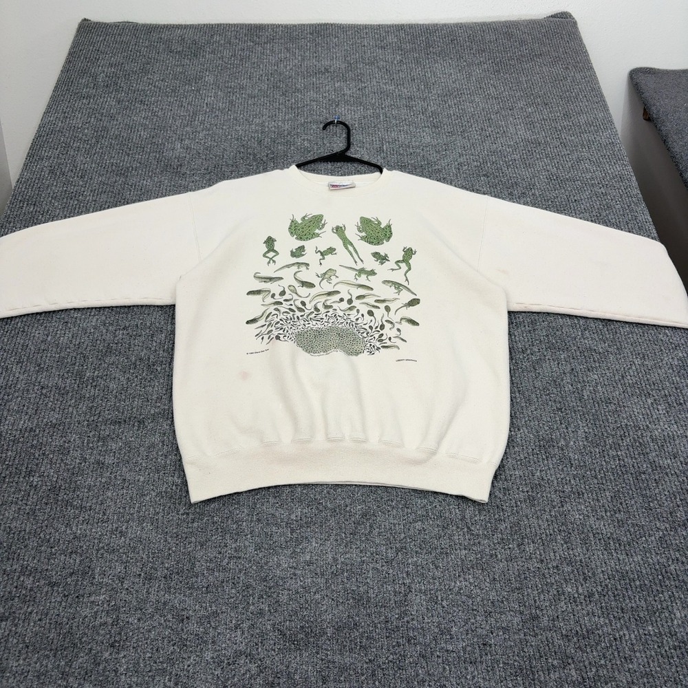 Vintage Hanes Sweatshirt Men XL Ivory Cotton Frog Life Cycle Graphic Nature 90s